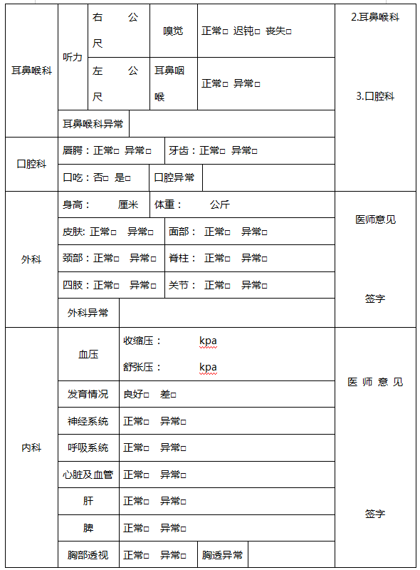 广东专升本体检表