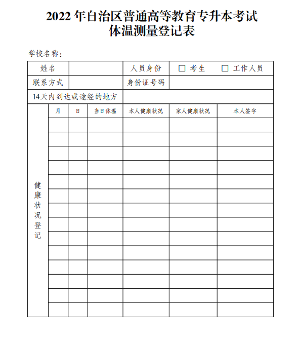 2022新疆专升本考试体温测量登记表下载