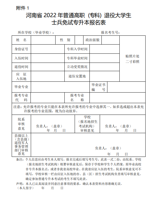 河南省2022年普通高职(专科)退役大学生士兵免试专升本报名表