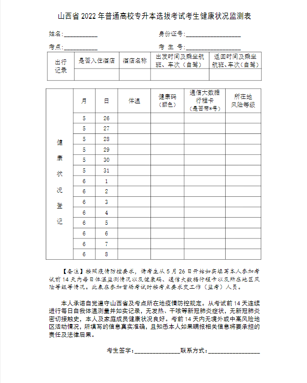 山西省2022年专升本考试考生健康状况监测表下载