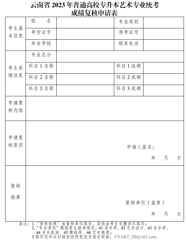 云南省2023年普通高校专升本艺术专业统考成绩复核申请表