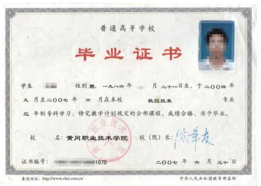 专科毕业证书示例图：